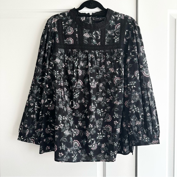 Lane Bryant Tops - Lane Bryant Lace-Yoke Floral Long-Sleeve Blouse in Black and Pink